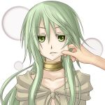  1girl caam_serenity_of_gusto cheek_pinching green_eyes green_hair long_hair looking_at_viewer pinching shintani_tsushiya simple_background white_background yuu-gi-ou 