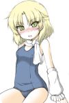  1girl arm_warmers blonde_hair green_eyes izuko mizuhashi_parsee one-piece_swimsuit open_mouth pointy_ears scarf school_swimsuit short_hair sitting solo swimsuit touhou 