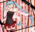  1girl aqua_hair detached_sleeves glasses hatsune_miku jewelry kocchi_muite_baby_(vocaloid) long_hair microphone microphone_stand necklace off_shoulder open_mouth outstretched_arm project_diva project_diva_2nd shinkusora solo striped striped_legwear thigh-highs title_drop twintails very_long_hair vocaloid wink 