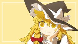  1girl blonde_hair blush bow braid chin_rest hair_bow hat highres kirisame_marisa long_hair smile solo touhou ume_(noraneko) witch_hat yellow_eyes 