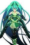  1girl aqua_hair armor bare_shoulders faulds fusion gauntlets glowing greaves green_eyes iyakun japanese_clothes long_hair solo thigh-highs very_long_hair vividgreen vividred_operation 