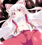  1girl from_below fujiwara_no_mokou hair_ribbon hammer_(sunset_beach) highres long_hair navel open_clothes open_shirt red_eyes ribbon sarashi solo suspenders touhou unbuttoned white_hair 