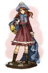  1girl autumn-north bag blue_eyes boots brown_hair character_request cross-laced_footwear dress hat lace-up_boots long_hair scarf signature 