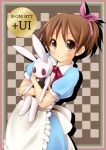  1girl aruha brown_eyes brown_hair dress hirasawa_ui k-on! ponytail rabbit short_hair stuffed_animal stuffed_bunny stuffed_toy 