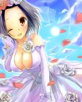  1girl ;d breasts brown_eyes cleavage dress elbow_gloves flower gloves idolmaster large_breasts miura_azusa okemai open_mouth petals rose short_hair smile solo veil wedding_dress wink 