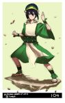  1girl anklet autumn-north avatar:_the_last_airbender barefoot black_hair blind blue_eyes chinese_clothes fighting_stance hair_bun hairband jewelry short_hair solo toph_bei_fong 