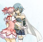  2girls armband back blue_eyes blue_hair bow cape dress eye_contact gloves hair_bow heart holding_hands kaname_madoka looking_at_another magical_girl mahou_shoujo_madoka_magica miki_sayaka multiple_girls pink_eyes pink_hair short_hair short_twintails smile soul_gem thigh-highs twintails yoplait zettai_ryouiki 