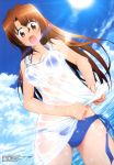  1girl absurdres bikini blush brown_hair clouds hayate_no_gotoku! highres lens_flare long_hair maria megami ocean official_art open_mouth see-through shirt side-tie_bikini sky solo swimsuit water wet wet_clothes wet_shirt 