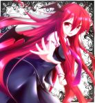  1girl bat_wings border breasts dress_shirt head_wings koakuma long_hair long_sleeves looking_at_viewer necktie open_hand open_mouth outstretched_arm red_eyes redhead shirt skirt solo tkfm touhou very_long_hair vest white_background wings 