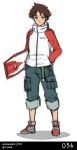  1boy autumn-north blue_eyes brown_hair eureka_seven eureka_seven_(series) full_body hand_in_pocket hover_board jacket pants_rolled_up renton_thurston shoes short_hair smile sneakers solo 