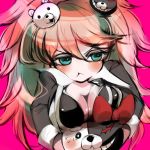  1girl :t aqua_eyes asphyxiation blush bow breast_rest breasts breasts_on_head choking cleavage dangan_ronpa enoshima_junko frown hair_ornament highres marioringo monokuma pink_hair spoilers sweat 