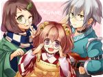  1boy 2girls adjusting_glasses bell brown_hair choker finger_to_mouth futatsuiwa_mamizou glasses hair_bell hair_ornament leaf leaf_on_head long_sleeves looking_at_viewer morichika_rinnosuke motoori_kosuzu multiple_girls open_mouth scarf shirt sigina silver_hair smile touhou twintails violet_eyes wink yellow_eyes 