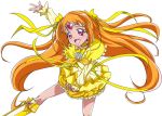  1girl arm_up blush boots bubble_skirt choker circlet cure_muse_(yellow) dress earrings frills happy heart jewelry long_hair magical_girl orange_hair pink_eyes precure shirabe_ako sinko_(sinsin) skirt solo suite_precure white_background yellow_dress 