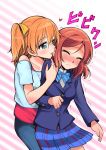  bare_shoulders biting blazer blue_eyes blush brown_hair closed_eyes ear_biting kousaka_honoka love_live!_school_idol_project multiple_girls niina_ryou nishikino_maki redhead school_uniform short_hair skirt smile wince yuri 