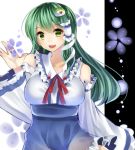  1girl blush breasts detached_sleeves frog_hair_ornament green_eyes green_hair hair_ornament hair_tubes kochiya_sanae koyuri_shouyu long_hair open_mouth skirt smile snake_hair_ornament solo touhou 