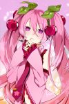  1girl blush cherry food fruit hatsune_miku highres kurono_yuu long_hair looking_at_viewer necktie pink_hair sakura_miku solo twintails very_long_hair vocaloid 