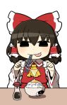  1girl :p ascot black_eyes black_hair blush bow bowl chibi chopsticks detached_sleeves eating egg food hair_bow hair_tubes hakurei_reimu in_mouth long_sleeves rice solo soy_sauce touhou transparent_background ume_(noraneko) wide_sleeves yin_yang 