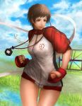  1girl alternate_costume blue_sky breasts brown_eyes brown_hair clenched_hands fighting_stance fingerless_gloves gloves headband kasugano_sakura large_breasts mintcat_(minti-na) no_pants short_hair sky sleeves_rolled_up solo stopwatch street_fighter street_fighter_iv taut_clothes track_jacket watch whistle 