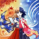  ayase_chihaya blue_eyes blue_hair brown_eyes brown_hair card chihayafuru flower hakama highres holding holding_card japanese_clothes leaf mole wakamiya_shinobu 