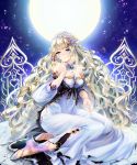  1girl bare_shoulders blonde_hair blue_eyes breasts cleavage dress flower full_moon hair_ornament jewelry large_breasts long_hair moon night original smile solo toi_(4089597) 
