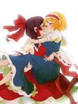  2girls alice_margatroid backlighting blonde_hair blush brown_hair carrying closed_eyes couple detached_sleeves hakurei_reimu happy hug multiple_girls princess_carry sarashi short_hair simple_background smile touhou tsuno_no_hito yuri 