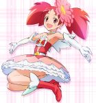  1girl bare_shoulders boots character_request choker copyright_request elbow_gloves flower gloves hair_flower hair_ornament haruyama looking_at_viewer magical_girl open_mouth outstretched_arms pink_eyes pink_hair short_hair skirt solo star 