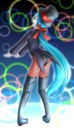  1girl aqua_eyes aqua_hair boots bow fishnet_pantyhose fishnets from_behind gloves hair_bow hat hatsune_miku headphones highres long_hair miracle_paint_(vocaloid) oonishi_shunsuke open_mouth pantyhose ponytail project_diva solo thigh-highs thigh_boots top_hat very_long_hair vocaloid 