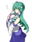  1girl blush breasts cleavage detached_sleeves frog_hair_ornament gohei green_eyes green_hair hair_ornament kochiya_sanae large_breasts long_hair looking_at_viewer simple_background smile snake_hair_ornament solo takatsuki_ichi touhou white_background 