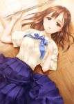  1girl brown_eyes brown_hair flute idolmaster idolmaster_cinderella_girls instrument long_hair lying mizumoto_yukari ribbon school_uniform skirt solo takahata_yuki 