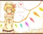  1girl alternate_costume alternate_headwear arms_behind_back bare_shoulders blonde_hair blush character_name english flandre_scarlet hat hat_ribbon heart jewelry letterboxed necklace pendant red_eyes ribbon short_hair shorts side_ponytail smile solo spoken_heart thigh-highs touhou wings wink 