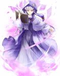  1girl book capelet crescent dress holding holding_book hood jurakin koumajou_densetsu long_hair open_book paper parted_lips patchouli_knowledge purple_hair simple_background solo touhou violet_eyes 