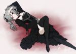  1girl black_dress black_legwear dress gothic_lolita grey_hair idolmaster idolmaster_cinderella_girls kanzaki_ranko kawazuishi lolita_fashion lying red_eyes smile solo thigh-highs twintails 