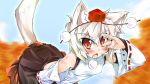  1girl animal_ears ass bare_shoulders bent_over blush bridal_gauntlets detached_sleeves fang hat inubashiri_momiji leaning_forward looking_at_viewer narumiya open_mouth posing red_eyes short_hair silver_hair solo tail tokin_hat touhou wolf_ears wolf_tail 