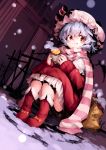  1girl :t alternate_costume blue_hair boots dutch_angle eating food food_on_face hat junwool looking_at_viewer red_eyes remilia_scarlet scarf short_hair sitting snow snowing solo steam sweet_potato touhou 