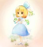  1girl alice_margatroid alice_margatroid_(pc-98) apple berries blonde_hair book book_hug bow dandelion dress flower food frown fruit gradient gradient_background grass hair_ribbon hexagram high_heels looking_at_viewer petticoat puffy_short_sleeves puffy_sleeves ribbon serra_(serarine) shoes short_hair short_sleeves solo touhou touhou_(pc-98) yellow_eyes 