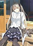  1girl aqua_eyes arm_support cross dress hair_ribbon kashinogi kasugano_sora long_hair long_sleeves looking_at_viewer pantyhose ribbon silver_hair sitting solo stuffed_animal stuffed_toy twintails veranda yosuga_no_sora 