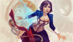  1girl bioshock bioshock_infinite blue_eyes booker_dewitt breasts brown_hair choker cleavage corset cropped_jacket elizabeth_(bioshock_infinite) highres large_breasts lips long_skirt mob necktie necktie_removed pocket_watch running short_hair skirt solidgrafi solo watch wrist_cuffs 