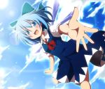  1girl blue_eyes blue_hair bow cirno do_(4-rt) dress hair_bow highres ice ice_wings looking_at_viewer open_mouth outstretched_hand short_hair smile solo touhou wings 