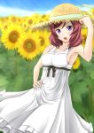  1girl dress flower fuuma_nagi hat love_live!_school_idol_project nishikino_maki redhead short_hair sun_hat sunflower violet_eyes 