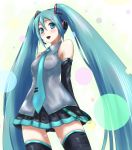  1girl aqua_eyes aqua_hair bare_shoulders blush detached_sleeves hair_ornament hatsune_miku headset highres long_hair looking_at_viewer necktie open_mouth ryuusama smile solo thigh-highs twintails very_long_hair vocaloid 