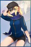  1girl ahoge blonde_hair fate/stay_night fate_(series) green_eyes heroine_x jacket ponytail saber short_shorts shorts sitting solo tusia zoom_layer 