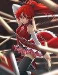  1girl arms_up black_legwear bow chain detached_sleeves hair_bow highres long_hair magical_girl mahou_shoujo_madoka_magica polearm ponytail red_eyes redhead sakura_kyouko siraha skirt solo soul_gem spear thighhighs weapon 