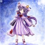  1girl book crescent dress hat long_hair nanashii_(soregasisan) patchouli_knowledge purple_hair ribbon smile solo standing touhou violet_eyes 