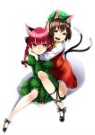  2girls :d animal_ears blush bow braid brown_hair cat_ears cat_tail chen extra_ears fang hair_bow hat hug kaenbyou_rin kyon_(fuuran) long_hair looking_at_viewer multiple_girls multiple_tails open_mouth pointy_ears red_eyes redhead short_hair smile tail touhou twin_braids 