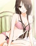  1girl akiyama_mio alternate_hairstyle barefoot bed bedroom black_eyes black_hair blush bra breasts gogono_pan&#039;ya highres k-on! large_breasts left-handed long_hair panties pink_panties smile solo underwear underwear_only 