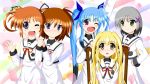  5girls blonde_hair blue_eyes blue_hair blush brown_hair green_eyes grey_hair hair_ribbon hand_on_hips hand_on_shoulder heart highres holding_hands long_hair long_sleeves lyrical_nanoha mahou_shoujo_lyrical_nanoha mahou_shoujo_lyrical_nanoha_a&#039;s mahou_shoujo_lyrical_nanoha_a&#039;s_portable:_the_gears_of_destiny material-d material-l material-s momotensi multicolored_hair multiple_girls open_mouth red_ribbon ribbon school_uniform short_hair short_twintails sitting smile star takamachi_nanoha twintails u-d very_long_hair violet_eyes waving wavy_hair wink yellow_eyes 