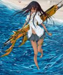  1girl bare_legs barefoot beach black_hair crab dark_skin hair_ornament hairclip long_hair midriff miniskirt navel ocean original red_eyes sand sand_castle sand_sculpture school_uniform see-through skirt tyappygain water weapon wet wet_clothes wet_shirt 