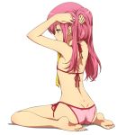  1girl adjusting_hair arms_up dimples_of_venus feet flat_chest hairu long_hair pink_hair simple_background sitting solo wariza white_background yellow_eyes 