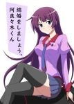  1girl long_hair monogatari_(series) okota1869 purple_hair school_uniform senjougahara_hitagi solo thigh-highs violet_eyes 
