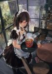  1girl apron black_hair bow breasts brown_eyes cleavage dated fork glasses hair_bow hjl long_hair looking_at_viewer maid maid_headdress original ramen red-framed_glasses signature smile solo tray waist_apron 
